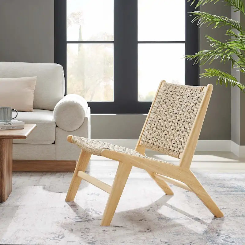 Poltrona relax decorativa con intreccio a trama di corda, struttura in legno di gomma, noce naturale