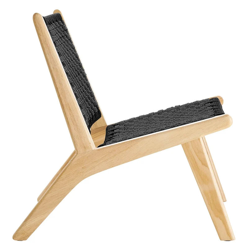 Poltrona relax decorativa con intreccio a trama di corda, struttura in legno di gomma, noce naturale