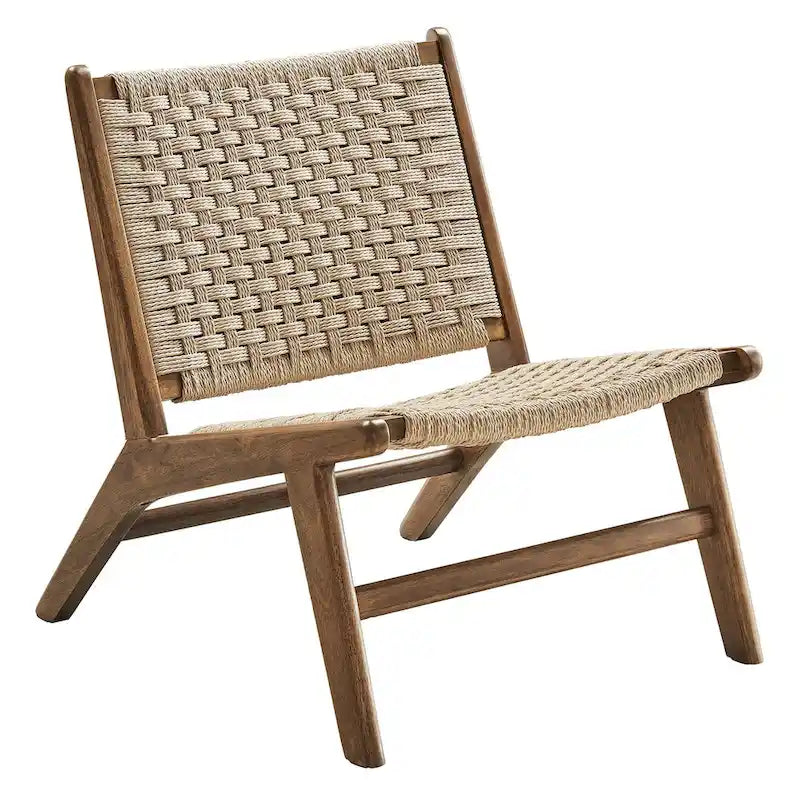 Woven Rope Basket Weave Accent Lounge Chair Rubberwood Frame Walnut Natural