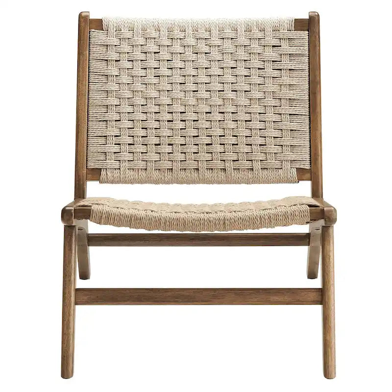 Woven Rope Basket Weave Accent Lounge Chair Rubberwood Frame Walnut Natural