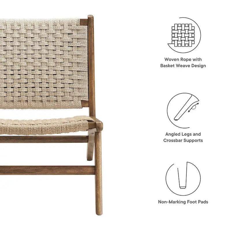 Woven Rope Basket Weave Accent Lounge Chair Rubberwood Frame Walnut Natural
