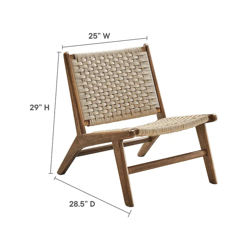 Woven Rope Basket Weave Accent Lounge Chair Rubberwood Frame Walnut Natural