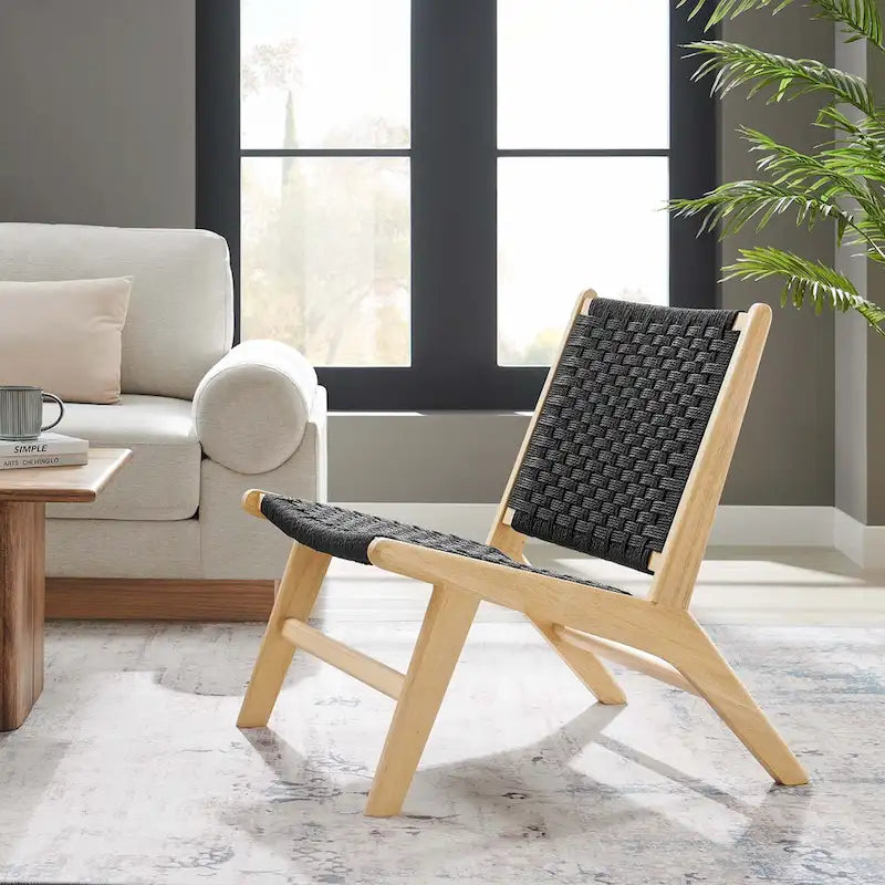 Woven Rope Basket Weave Accent Lounge Chair Rubberwood Frame Walnut Natural