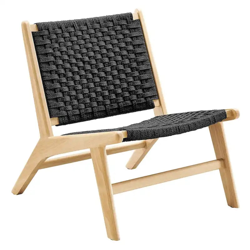 Woven Rope Basket Weave Accent Lounge Chair Rubberwood Frame Walnut Natural