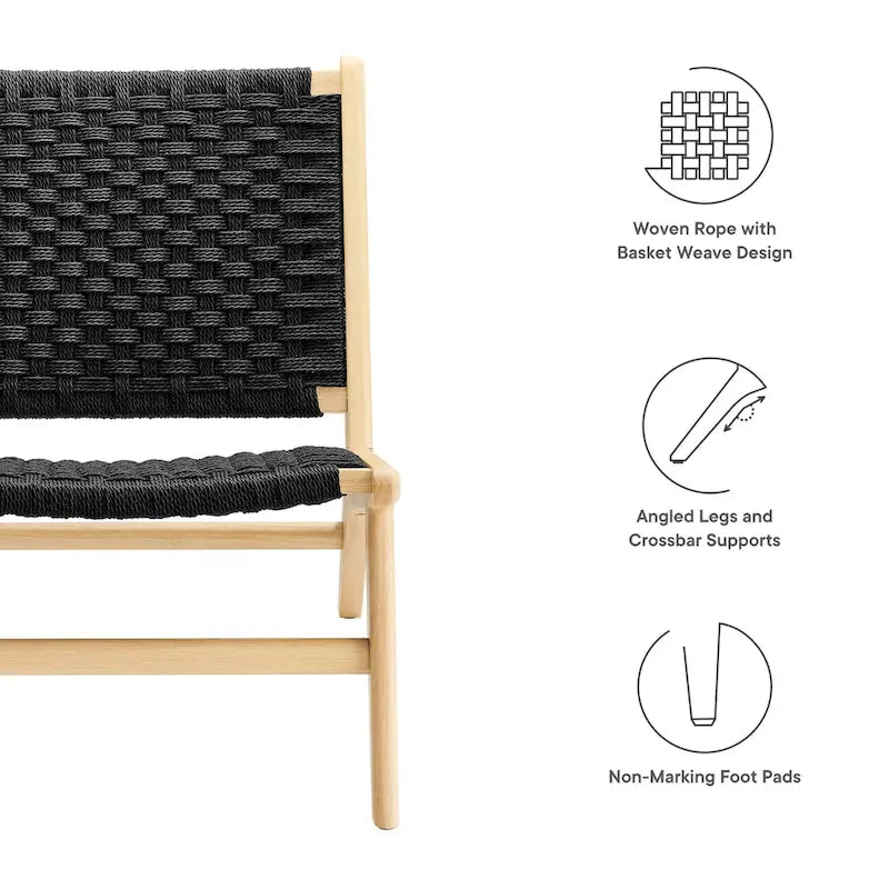 Woven Rope Basket Weave Accent Lounge Chair Rubberwood Frame Walnut Natural
