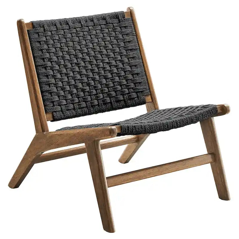 Woven Rope Basket Weave Accent Lounge Chair Rubberwood Frame Walnut Natural