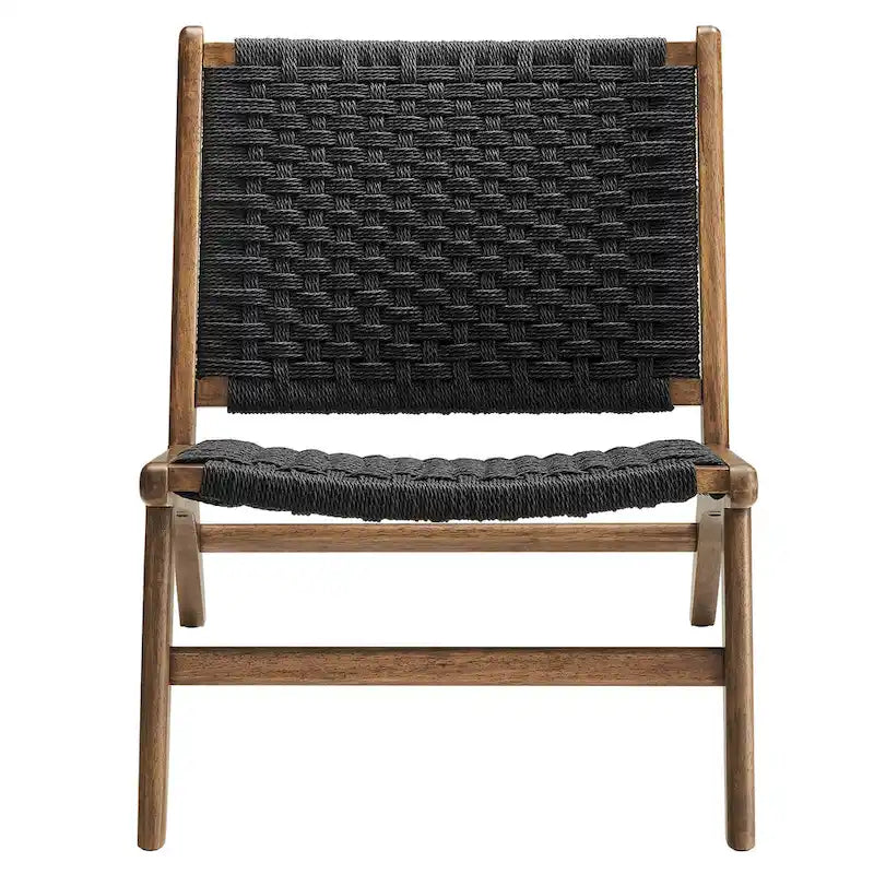 Woven Rope Basket Weave Accent Lounge Chair Rubberwood Frame Walnut Natural