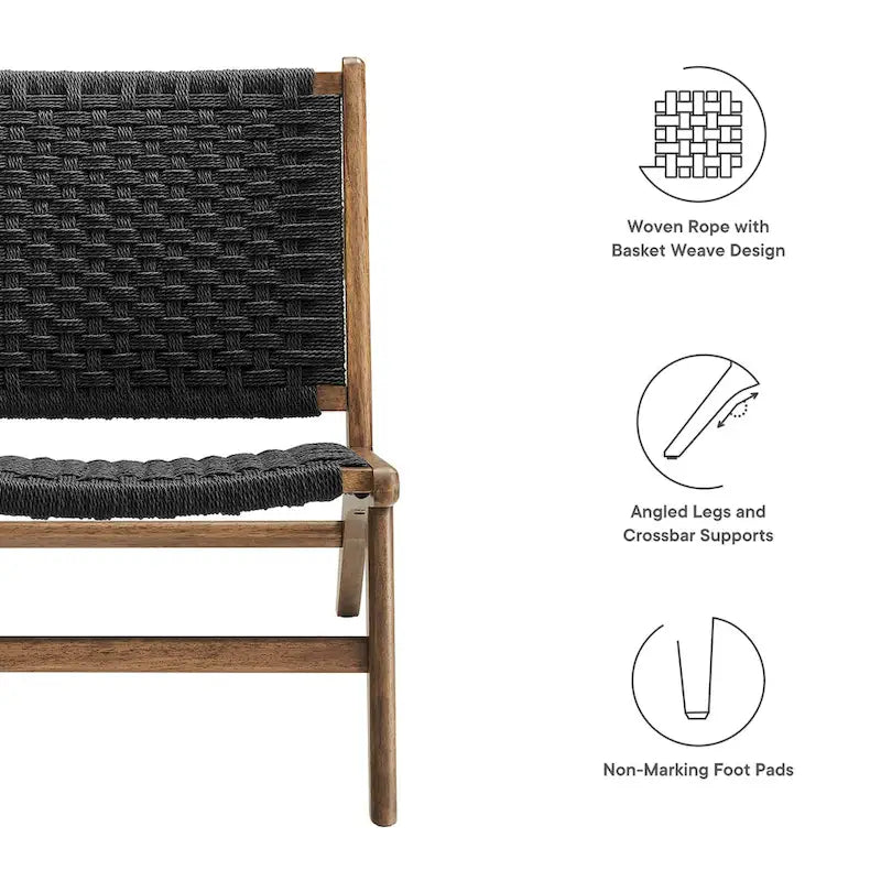Woven Rope Basket Weave Accent Lounge Chair Rubberwood Frame Walnut Natural