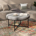 Round Tufted Cotton Linen Ottoman X-Cross Iron Frame Footrest Display Seat