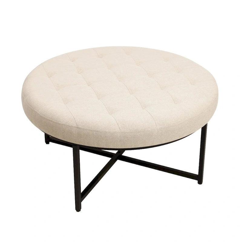Runder, geknöpfter Ottoman aus Baumwollleinen, X-förmiges Eisengestell, Fußablage und Sitzgelegenheit