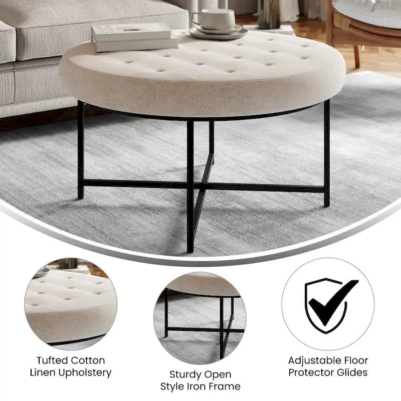 Round Tufted Cotton Linen Ottoman X-Cross Iron Frame Footrest Display Seat