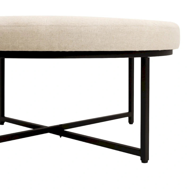 Round Tufted Cotton Linen Ottoman X-Cross Iron Frame Footrest Display Seat