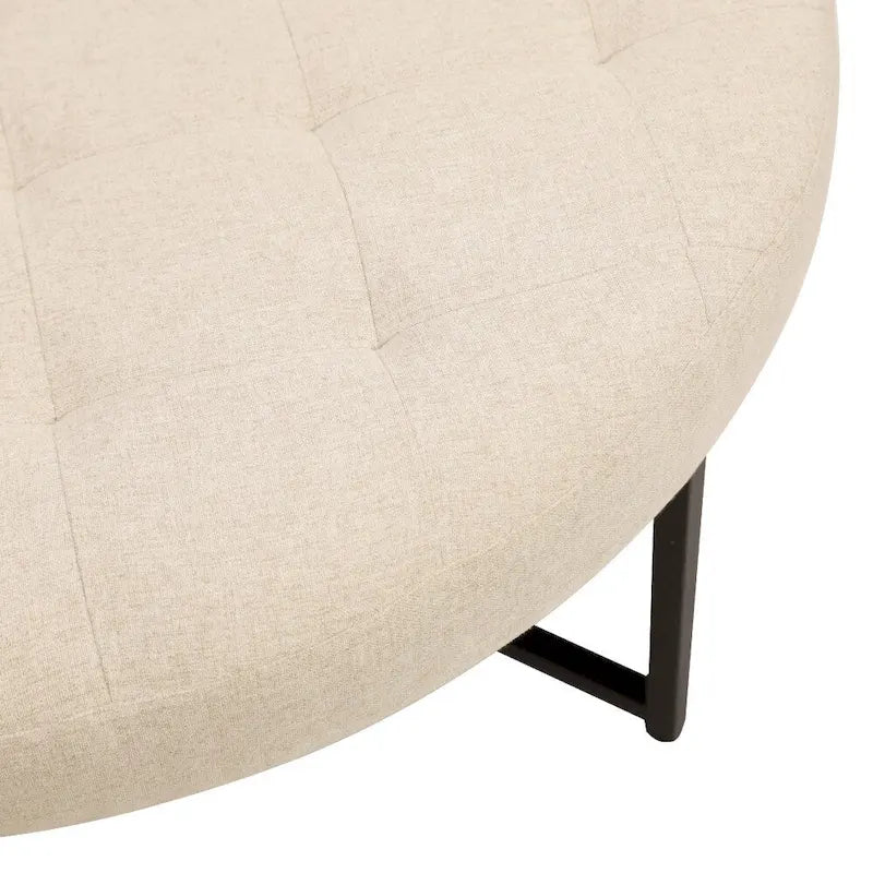 Round Tufted Cotton Linen Ottoman X-Cross Iron Frame Footrest Display Seat