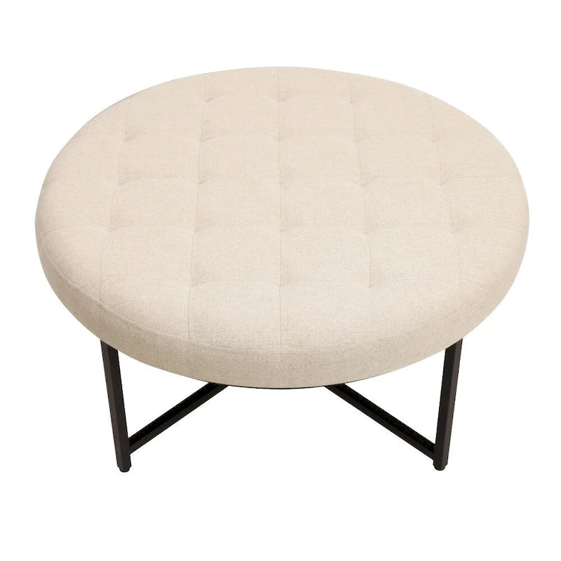 Round Tufted Cotton Linen Ottoman X-Cross Iron Frame Footrest Display Seat