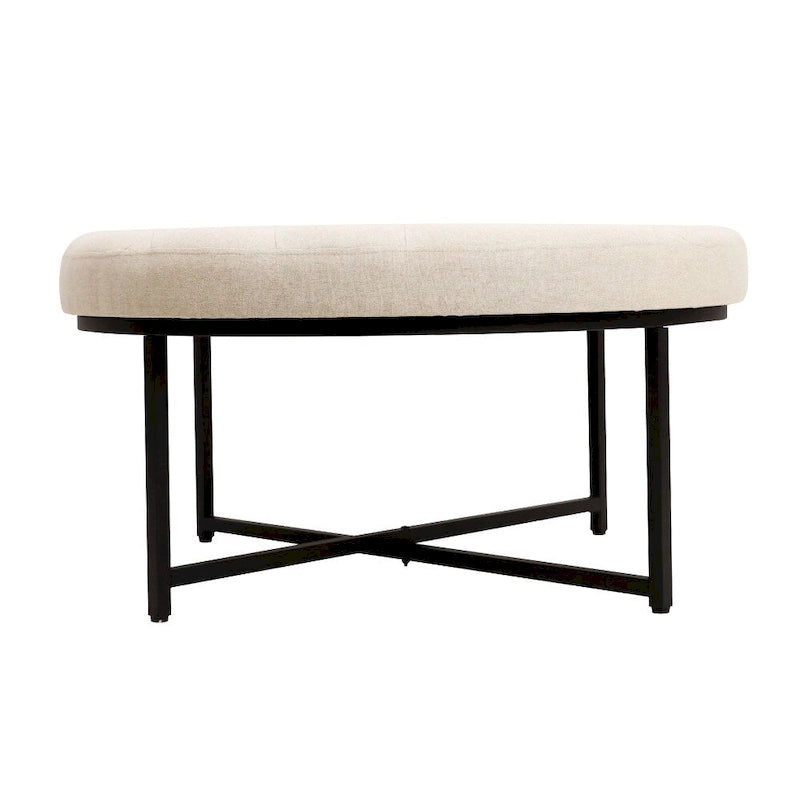 Round Tufted Cotton Linen Ottoman X-Cross Iron Frame Footrest Display Seat