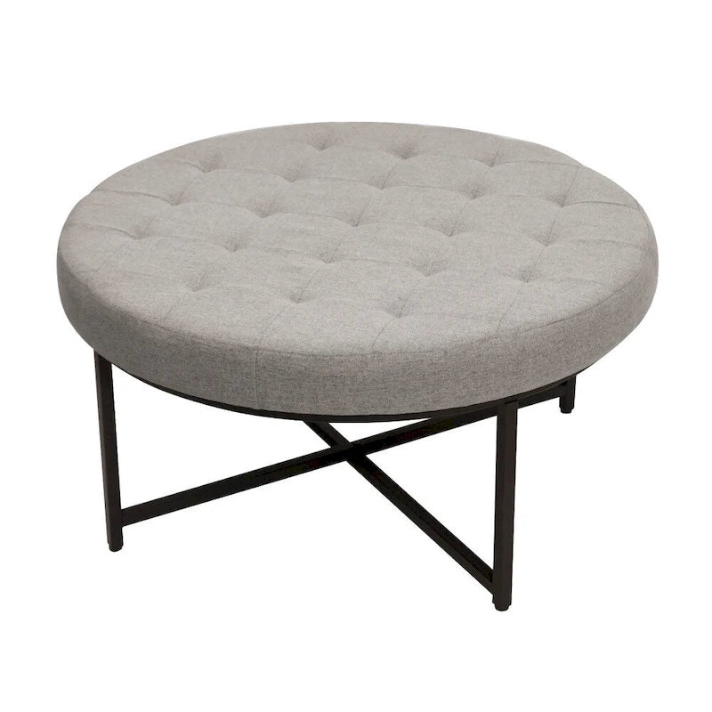 Round Tufted Cotton Linen Ottoman X-Cross Iron Frame Footrest Display Seat