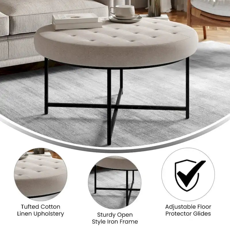 Round Tufted Cotton Linen Ottoman X-Cross Iron Frame Footrest Display Seat