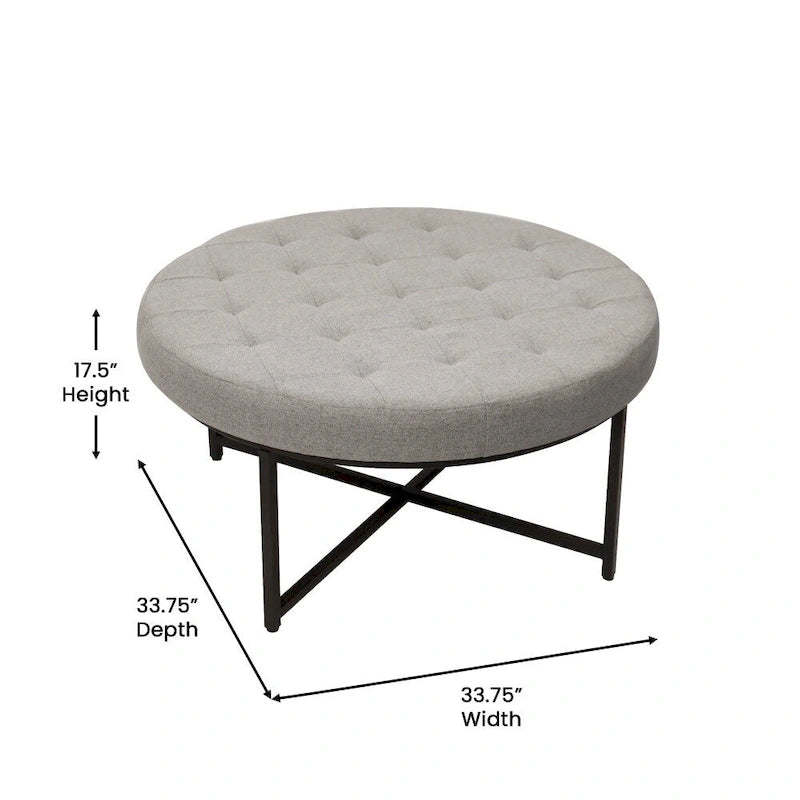Round Tufted Cotton Linen Ottoman X-Cross Iron Frame Footrest Display Seat