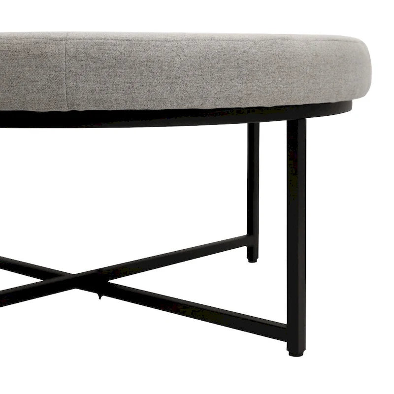 Round Tufted Cotton Linen Ottoman X-Cross Iron Frame Footrest Display Seat