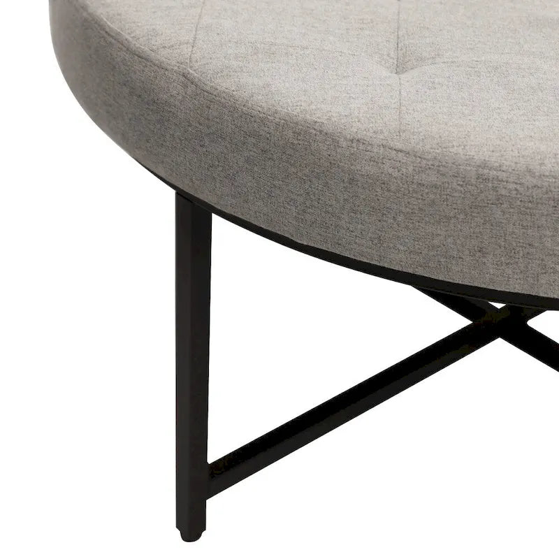 Round Tufted Cotton Linen Ottoman X-Cross Iron Frame Footrest Display Seat