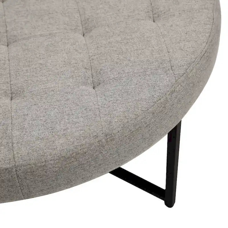 Round Tufted Cotton Linen Ottoman X-Cross Iron Frame Footrest Display Seat