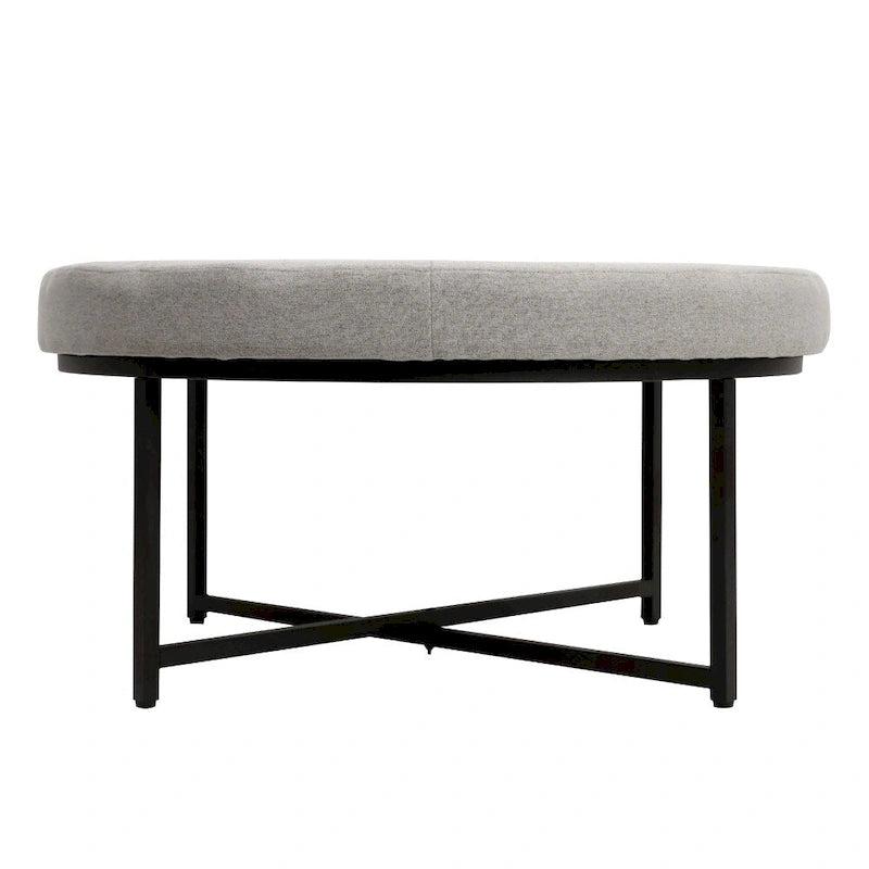 Round Tufted Cotton Linen Ottoman X-Cross Iron Frame Footrest Display Seat