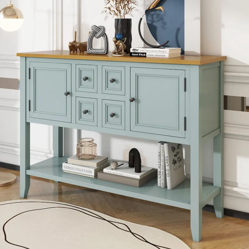 Credenza vintage a buffet, madia e tavolo consolle, 4 cassetti, 2 ante, ripiano inferiore