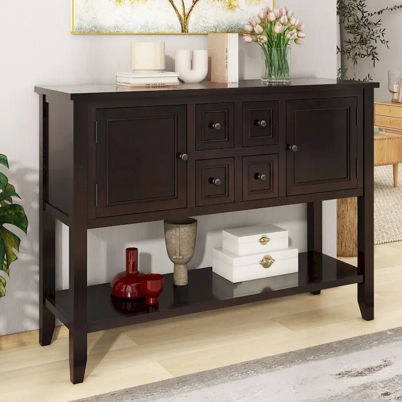 Credenza vintage a buffet, madia e tavolo consolle, 4 cassetti, 2 ante, ripiano inferiore