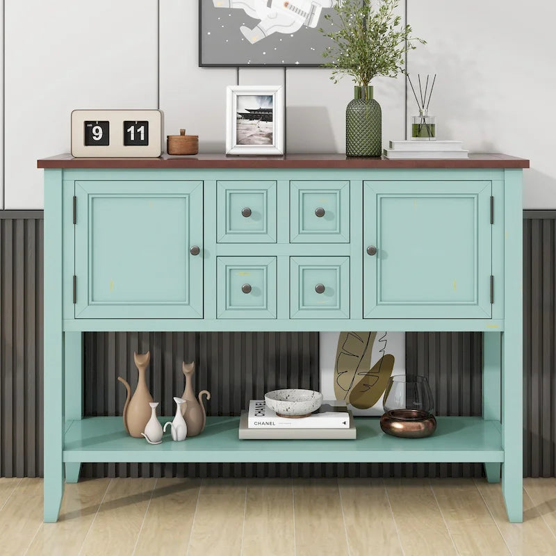Credenza vintage a buffet, madia e tavolo consolle, 4 cassetti, 2 ante, ripiano inferiore
