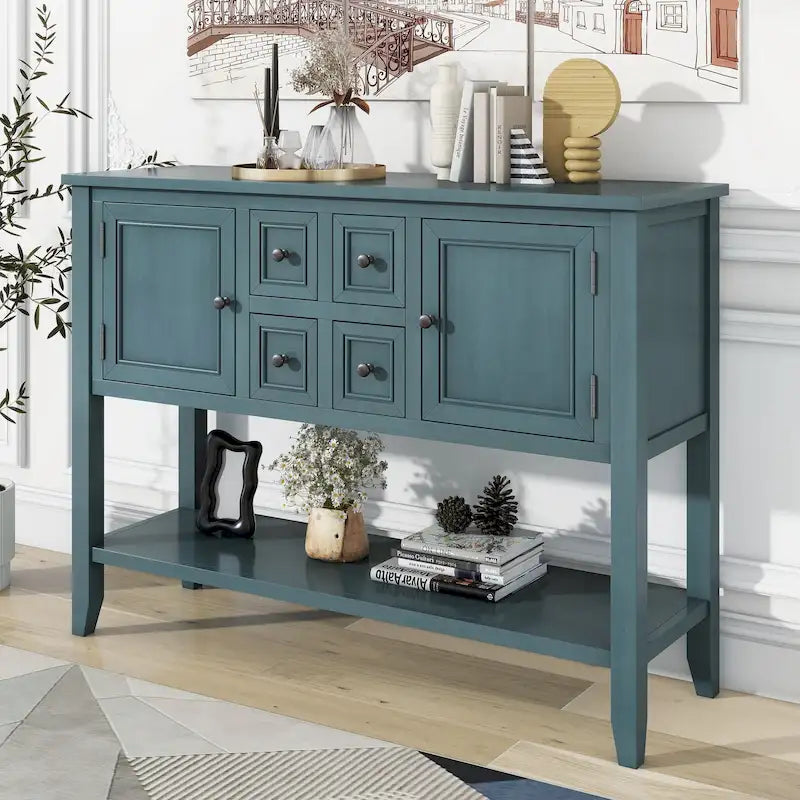 Credenza vintage a buffet, madia e tavolo consolle, 4 cassetti, 2 ante, ripiano inferiore