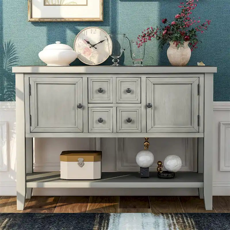 Credenza vintage a buffet, madia e tavolo consolle, 4 cassetti, 2 ante, ripiano inferiore