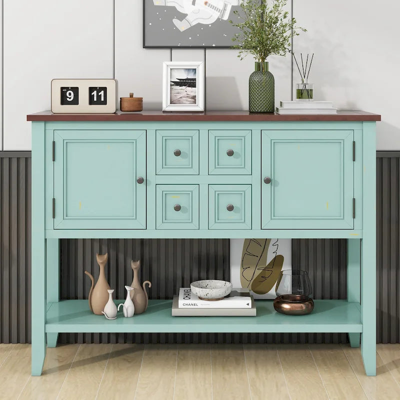 Credenza vintage a buffet, madia e tavolo consolle, 4 cassetti, 2 ante, ripiano inferiore