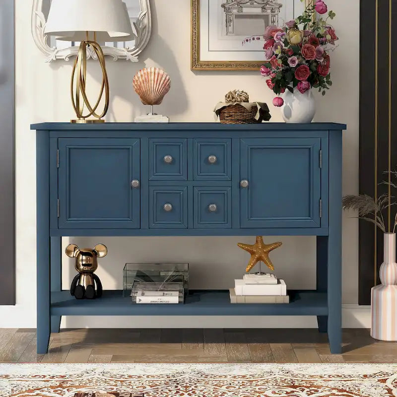 Vintage Buffet Sideboard Console Table 4 Drawers 2 Cabinets Bottom Shelf