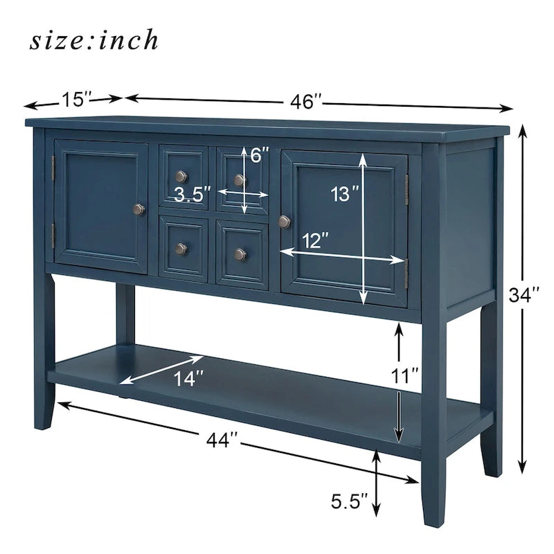 Vintage Buffet Sideboard Console Table 4 Drawers 2 Cabinets Bottom Shelf