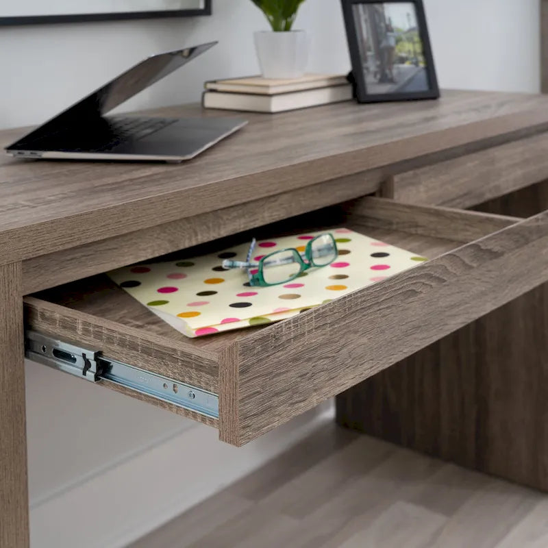 Parsons Style Mid-Century 2-Drawer Writing Desk Grey Veneer Compact