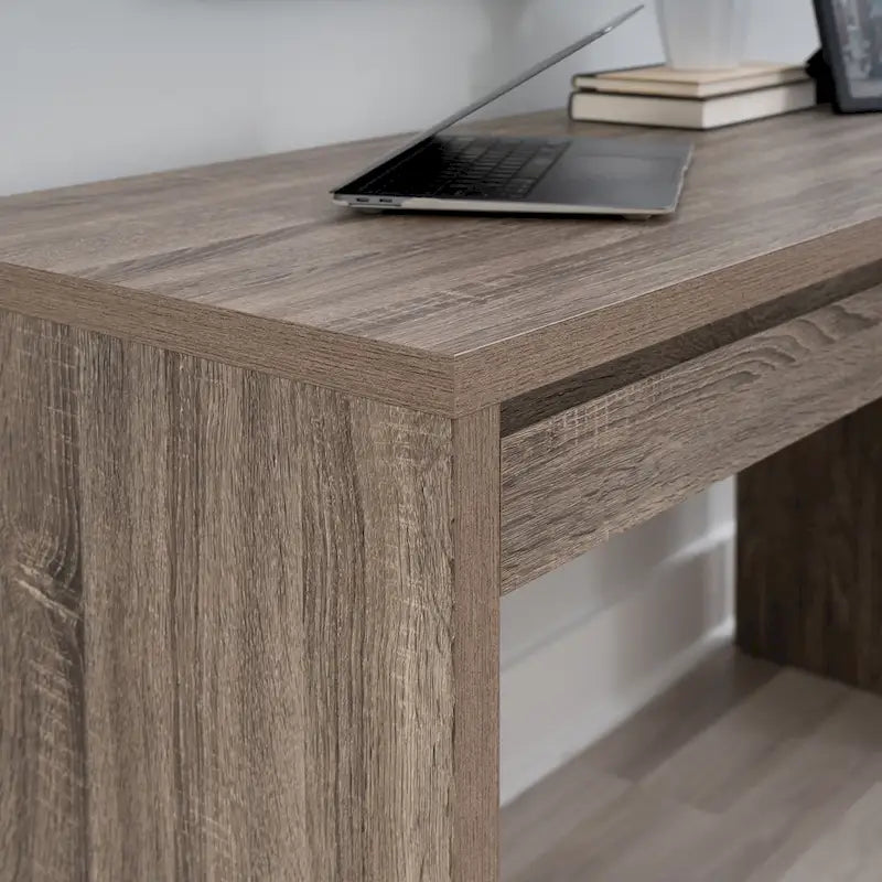 Scrivania da lavoro a 2 cassetti stile Parsons e metà secolo, impiallacciatura grigia, compatta