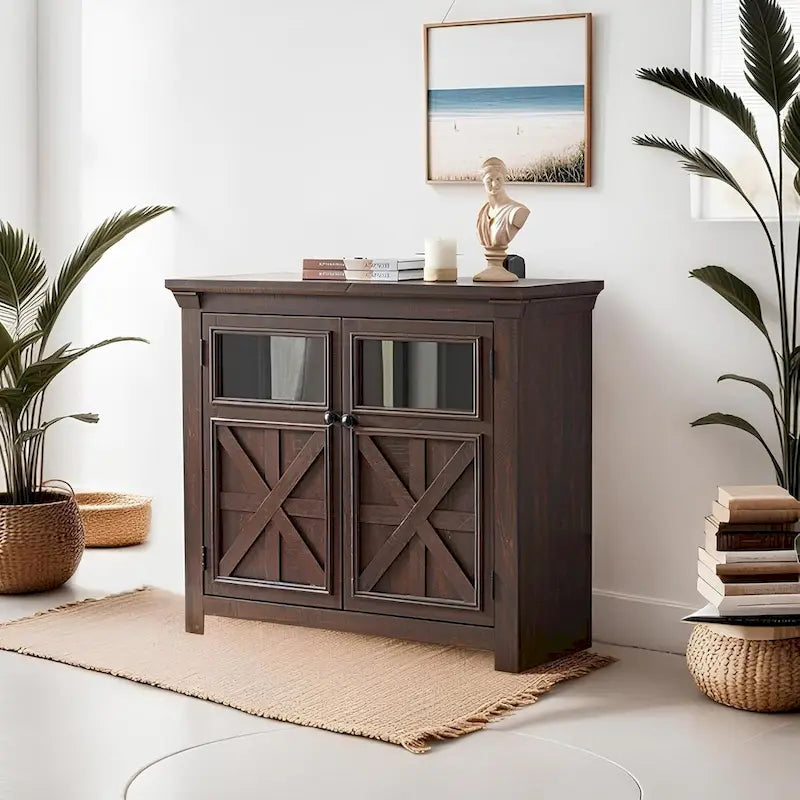 Farmhouse Barn Door Buffet Sideboard Cabinet Glass Windows Adjustable Shelf