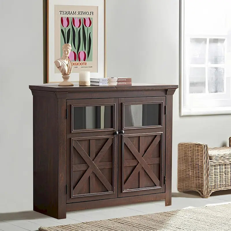 Farmhouse Barn Door Buffet Sideboard Cabinet Glass Windows Adjustable Shelf