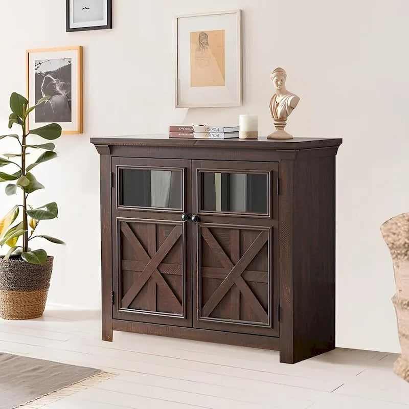 Farmhouse Barn Door Buffet Sideboard Cabinet Glass Windows Adjustable Shelf
