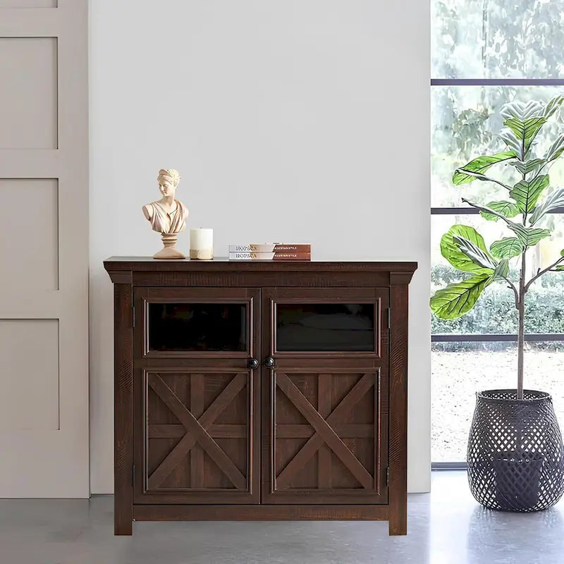 Farmhouse Barn Door Buffet Sideboard Cabinet Glass Windows Adjustable Shelf