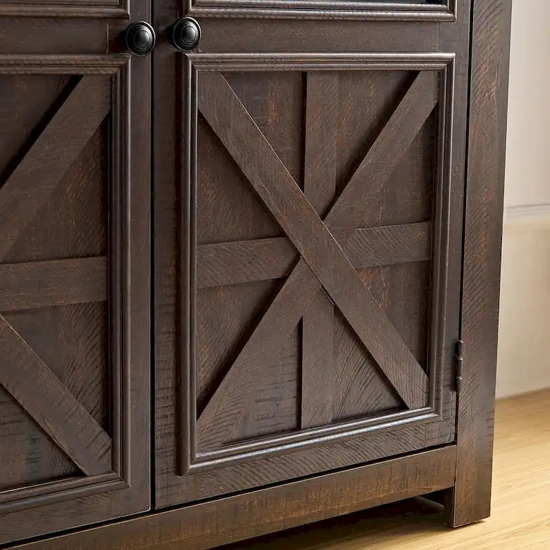 Farmhouse Barn Door Buffet Sideboard Cabinet Glass Windows Adjustable Shelf