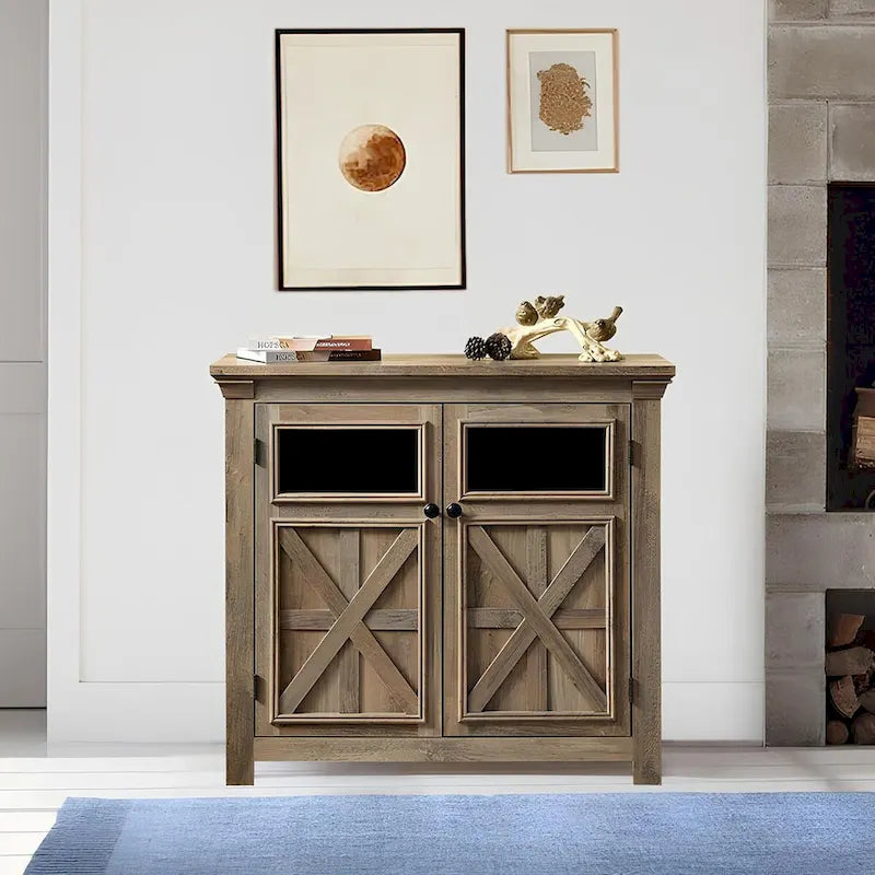Farmhouse Barn Door Buffet Sideboard Cabinet Glass Windows Adjustable Shelf