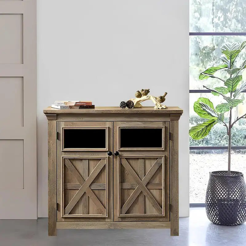 Farmhouse Barn Door Buffet Sideboard Cabinet Glass Windows Adjustable Shelf