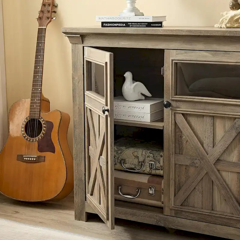 Farmhouse Barn Door Buffet Sideboard Cabinet Glass Windows Adjustable Shelf