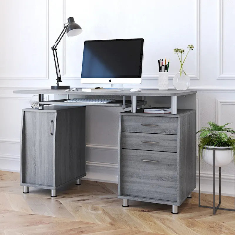 Scrivania per computer con schedario a 3 cassetti, vano per CPU e ripiano estraibile per tastiera, MDF
