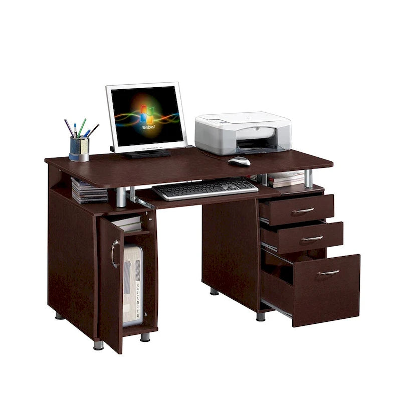 Scrivania per computer con schedario a 3 cassetti, vano per CPU e ripiano estraibile per tastiera, MDF