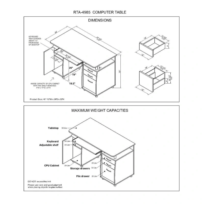 Computer Desk 3-Drawer Filing Cabinet CPU Cabinet Pull-Out Keyboard Tray MDF