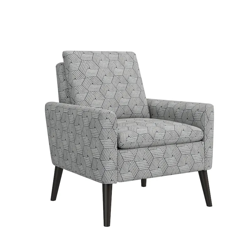 Poltrona decorativa con braccioli e motivo moderno stile metà secolo, molle sinuose, gambe in legno color espresso