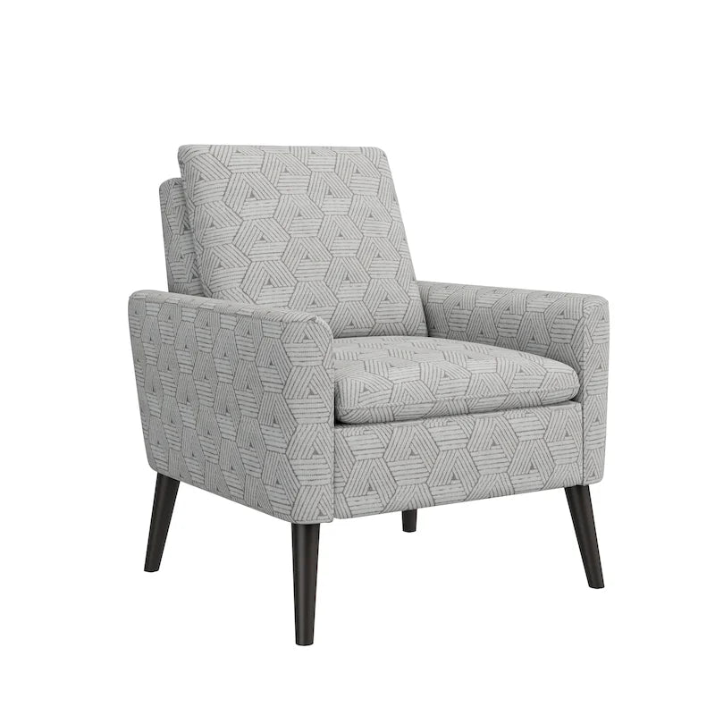 Poltrona decorativa con braccioli e motivo moderno stile metà secolo, molle sinuose, gambe in legno color espresso