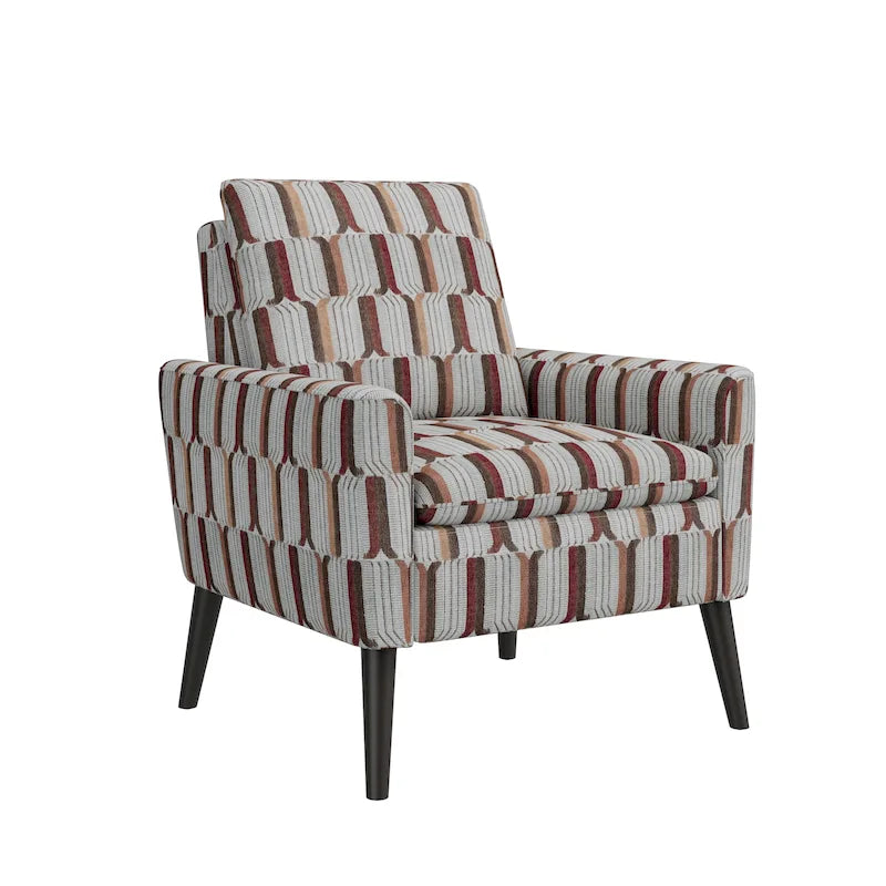 Poltrona decorativa con braccioli e motivo moderno stile metà secolo, molle sinuose, gambe in legno color espresso